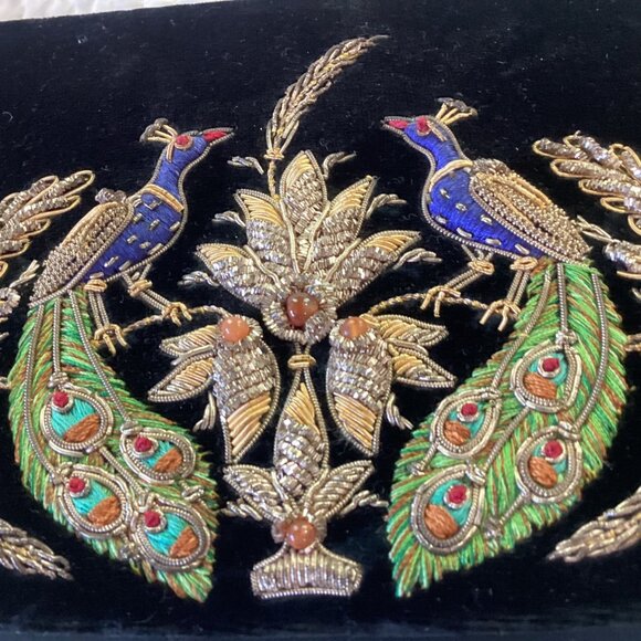 Vintage Zardozi Black Velvet Bag Clutch Gold Embroidery Double Peacock Design In - Picture 6 of 16
